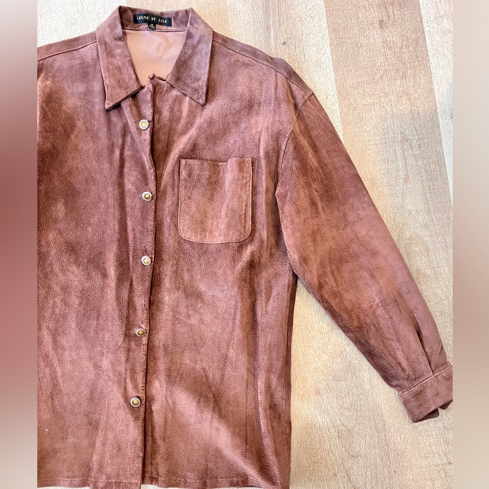 Vintage suede crème de silk brown tan button up shirt jacket - Picture 4 of 4